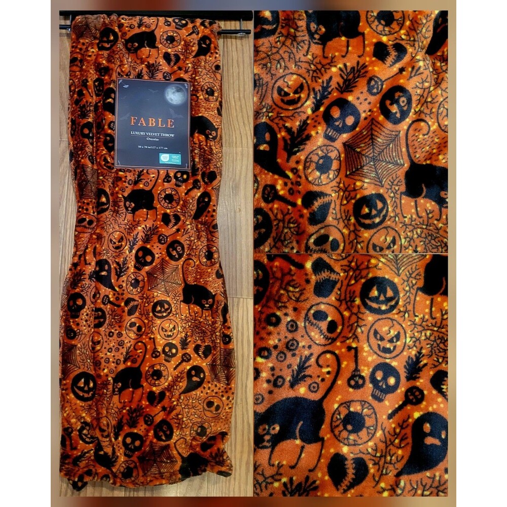 Halloween Spooky Ghost Cat Pumpkin Skeleton Print Soft Throw Blanket Plush 50x60